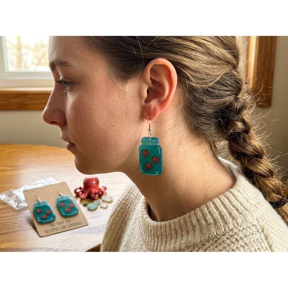 The Tiny Sea Octopus Jar Earrings Teal Acrylic Mason Jar Drop Dangle Jewelry